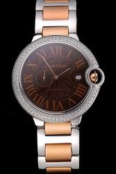 Swiss Cartier Diamonds Bezle W6920032 Ballon Bleu 2-Tone Bracelet Watch SKDT319 Brown Hands