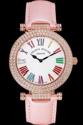 Franck Muller Double Mistery Rose Gold Case Pink Leather Strap Diamonds Ronde Watch Replica