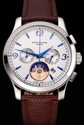 PP Chronograph White Guilloche Dial Blue Scale&Pointer Brown Textured Band Watch