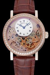 Breguet Tradition Luxury Diamonds Watch With White Off-centered Dial Gold Bezel Brown Strap