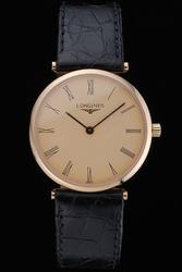 Low Price Longines La Grande 33mm Gold Case Roman Marker Black Band Watch