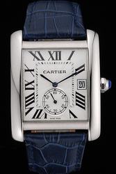 Cartier Business Tank WSTA0010 Medium Size Quartz Blue Leather Strap Watch KDT185 Silver Bezel