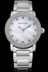 Bvlgari Female Mother Of Pearl Dial Colorful Jewel Markers Diamonds Bezel Stainless Steel Watch