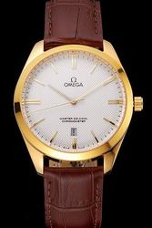 Omega De Ville Tr��sor Master Co-axial Chronometer Yellow Gold Case White Checkered Dial Stick Scale/Hand Brown Strap Watch 432.53.40.21.02.002