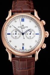 Fake PP Chronograph Rose Gold Case Ribbed Bezel Diamonds Scale Skeleton Hand Watch