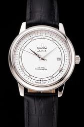 Fake Omega De Ville Co-Axial Prestige Silver Case/Hand White Dial Diamond/Roman Hour Scale Black Strap Date Watch