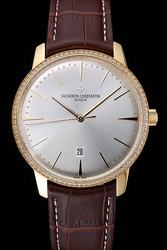Men's Vacheron Constantin Patrimony Yellow Gold Case Thin Diamonds Bezel Silver Dial Slender Pointer Date Watch 85515/000R-9840