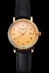 PP Calatrava Yellow Gold Case&Dial Diamonds Stick Marker Fluted Bezel Women Watch