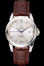 Omega De Ville Chronometer Silver Case/Dial Stick Marker Luminous Hand With Blue Second Pointer Brown Strap Quartz Watch 4831.31.32