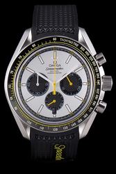 Omega Speedmaster Black Tachymetre Bezel Three Black Sub-dials With Clous de Paris Yellow Second Hand Black Rubber Strap Watch