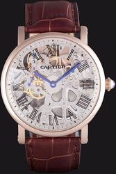 Fake Cartier Quartz Rotonde Skeleton Suits Swiss Watch SKDT390 Brown Leather Band