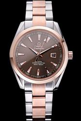 Men Omega Seamaster Chronometer Rose Gold Bezel Brown Striated Face Luminous Arrow Scale Two-tone Steel Bracelet Date Watch 231.20.30.20.06.001