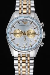 Emporio Armani Silver Dial Gold Chronograph Counters Two Tone Stainless Steel Bracelet Watch