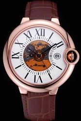 Cartier Ballon Bleu Rose Gold Dress Swiss Made Watch SKDT351 Brown Leather Bracelt