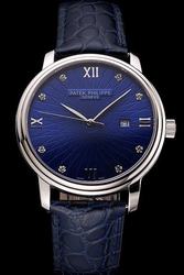 PP Geneve Calatrava Diamonds Stick Scale Blue Intersecting Lines Dial Quartz Watch