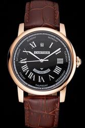 Swiss Made Cartier Rose Gold Bezel Rotonde Replica SKDT107 Brown Leather Wristband