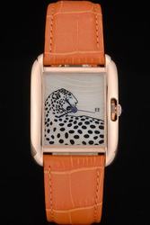 Copy Cartier Tiger Theme Pink Gold Bezel Dress Date Couples Watch KDT244 Ornage Leatehr Bracelet