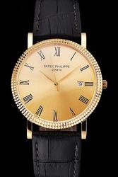 Fake PP Calatrava Yellow Gold Case&Dial Roman Scale Ribbed Bezel Quartz Watch