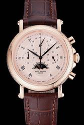 PP Grand Complications Moonphase Rose Gold Engraved Case Checked Dial Black Hands Watch