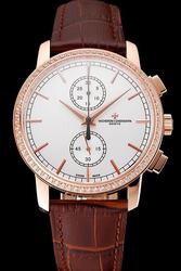 VC Patrimony Traditionnelle Chronograph Rose Gold Diamonds Bezel White Dial Dauphine Hands Brown Strap Lady Watch