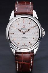 Omega De Ville Silver Dial With Logos Pattern Rose Gold Stick Scale Luminous Pointer Brown Strap Quartz Watch 4861.31.32