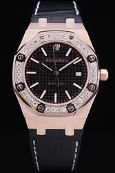 AP Royal Oak Diamond Octangle Rose Gold Diamonds Bezel Black Tapisserie Dial Baton Scale Watch