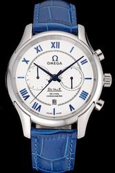 Omega De Ville Co-Axial Chronometer White Concentric Dial Blue Scale/Pointer/Strap Two Sub-dials Fake Date Men Watch