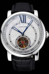 Fake Cartier Tourbillon Rotonde Silver Bezel Suits Watch KDT124 Black Leather Band
