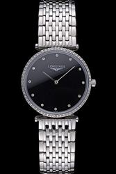 33mm Men's Longines La Grande Black Dial Diamonds Bezel Stainless Steel Bracelet