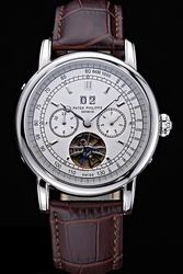 Fake Patek Philippe Grand Complications Tourbillon Silver Dial Brown Strap Date Watch