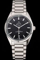 Men Omega Constellation Globemaster Chronometer Silver Fluted Bezel Black Pie-pan Dial Luminous Scale/Index Steel Bracelet Date Watch