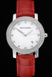 Bvlgari White Dial Diamonds Markers And Bezel Solid Steel Case Red Leather Strap Watches