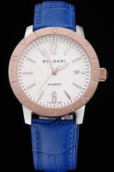 Bvlgari Fashion Popular White Dial Gold Bezel Stainless Steel Case Royal Blue Leather Strap Watch