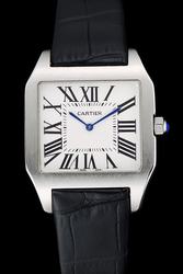 Fake Cartier  Quartz Santos White Gold Suits Watch KDT022 Black Leather Band