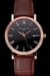 Fake PP Calatrava Rose Gold Ribbed Bezel Silver Roman Scale Black Dial Watch