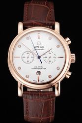 Rep Omega Seamaster Co-Axial Escapement Rose Gold Case Diamonds Marker Blue Second Hand Two Sub-dials Brown Strap Men Watch