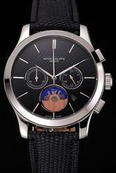 PP Chronograph Black Checked Dial Stick Scale Black Strap With Round Pattern Watch