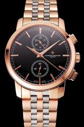 Swiss VC Patrimony Traditionnelle Chronograph Rose Gold Case Black Dial Stick Track Scale Two-tone Bracelet Women Watch