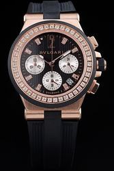 Bvlgari Diagono Velocissimo 102334 DGP41BGLDCH Black Dial Gold Diamonds Bezel Black Rubber Strap Watch