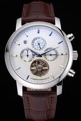 Reputable VC Patrimony Traditionnelle Tourbillon White Textured Dial Three Sub-dials Stick Marker Fake Watch