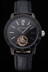 Bvlgari Limited Edition Black Tourbillon Dial Black Bezel Black Leather Strap Mens Low Price Watch