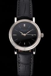 Replica PP Calatrava Silver Ribbed Bezel Stick Scale Black Dial&Band Watch