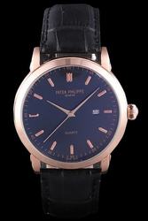 Patek Philipe Calatrava Roze Gold Polished Bezel Black Leather Bracelet 801432 Fake Watch