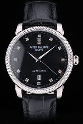 Patek Philippe Calatrava Ribbed Bezel Diamonds Dots Scale Black Dial Men's Watch