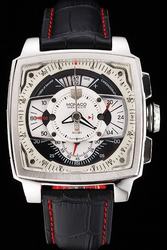 Tag Heuer Monaco Multicolor Complicated Dial Square Case Red Stitching Strap Watch