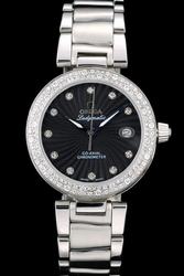 Rep Omega De Ville Co-Axial Ladymatic Diamonds Bezel Black Dial With Ray Pattern Losange Pointer Diamond Marker Steel Bracelet Watch 425.35.34.20.51.001