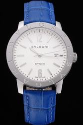 Bvlgari Simple Casual White Dial Silver Case Blue Leather Strap Automatic High Quality Watch