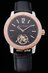 Bvlgari Tourbillon Black Dial Gold Bezel Silver Case Black Leather Strap Japanese Automatic Watch