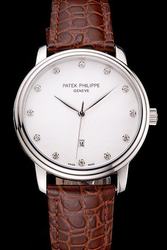 Rep PP Geneve Calatrava Diamonds Marker Silver Case Brown Crocodile Band Watch