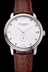 Fake PP Calatrava White Embossed Dial Diamonds Marker Scale Crocodile Strap Watch